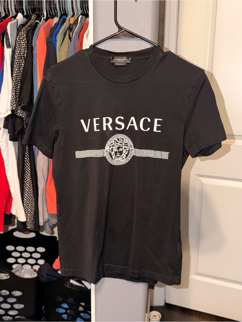 Versace Black Tee with White Greca and Medusa Detail